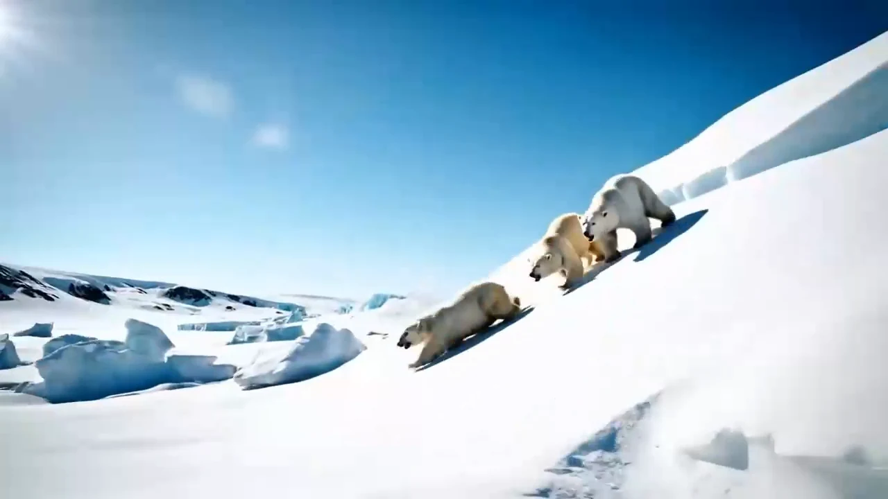 Reference demo clip of a polar bear sliding down a snowy slope.